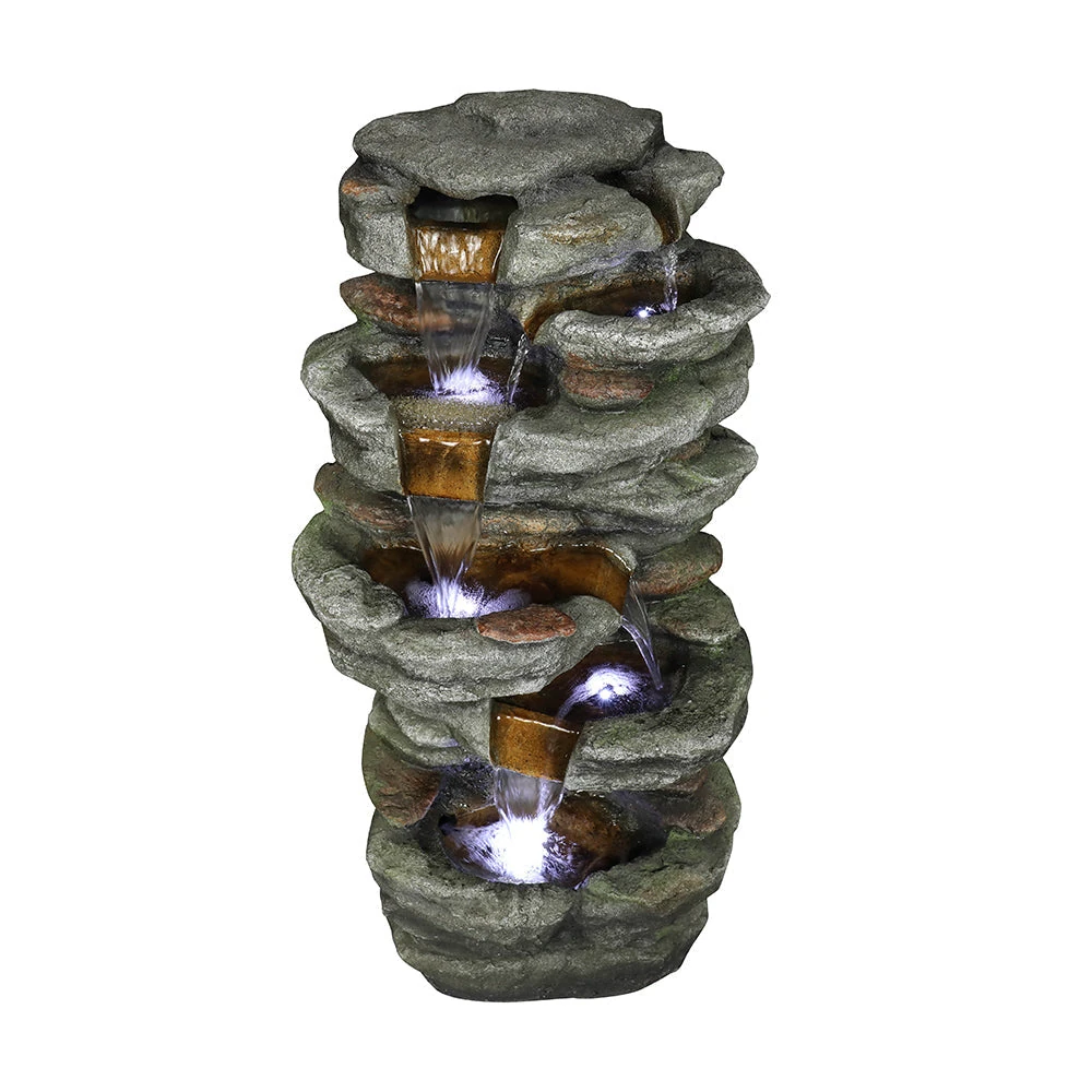 four sturdy bird baths arranged on different patio surfaces