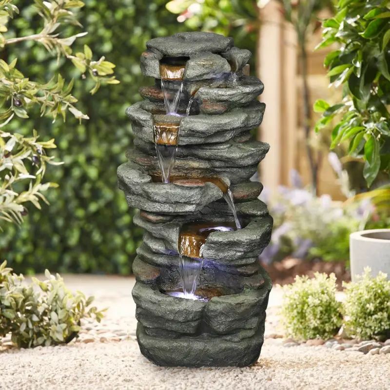 32.6"H-Simulation Slate Stone Garden Outdoor Fountain with LED Lights