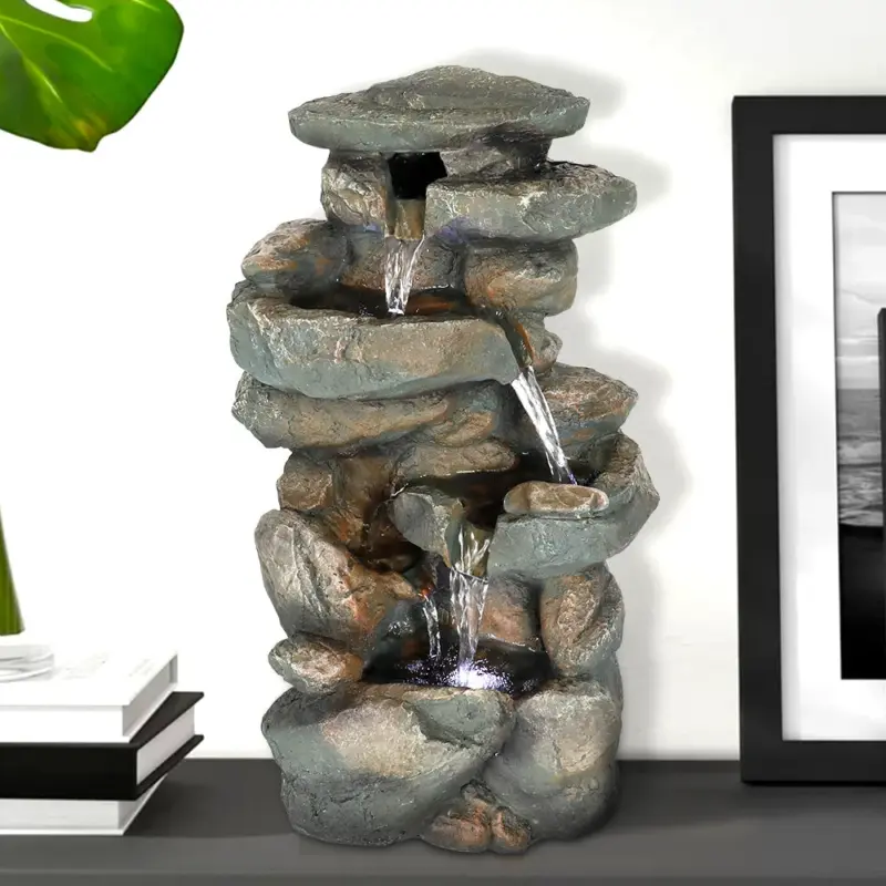 Resin Stacked Rock Indoor Tabletop Fountain with LED Lights-16"H