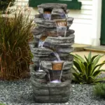 48" H 7-Tiered Stacked Shale Outdoor Fountain with LED Lights