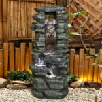 31.4"H Stacked Shale Garden Outdoor Fountain with White LED Lights
