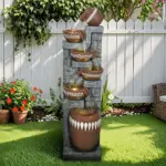 56.6in High Outdoor Indoor Water Fountain, 6-Tiered Poly-Resin Waterfall Fountain with LED Lights