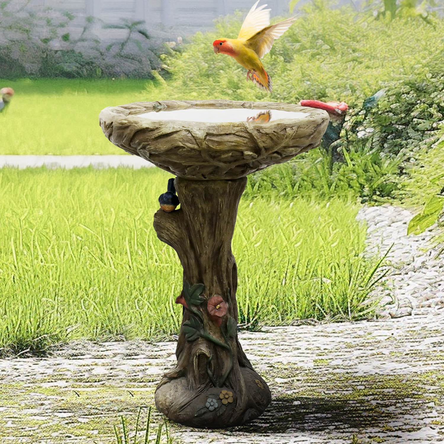 1 25.5" Rustic Wood-Look Concrete Bird Bath with Faux Bird & Flower - Outdoor Garden Decor - Image 1