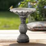 24.8" Gray Concrete Bird Bath with Pineapple Base - Outdoor Yard Garden Decor