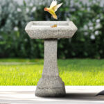 22.8" Modern Concrete Pedestal Birdbath – Fiber Reinforced Outdoor Bird Feeder & Bath