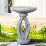 21.8" Modern Concrete Bird Bath Round 16" Dia - Outdoor Patio Garden Sculpture